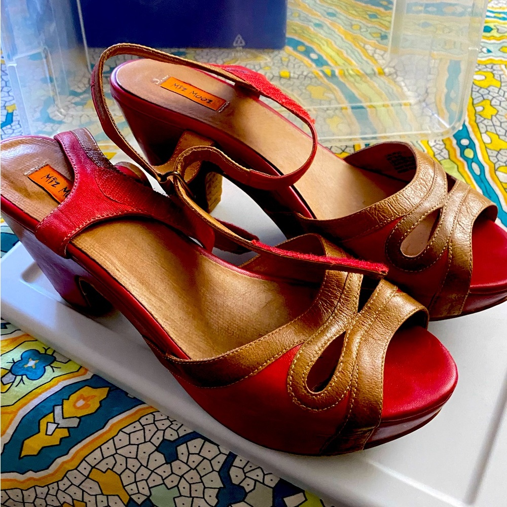 Miz Mooz red and tan platform sandals